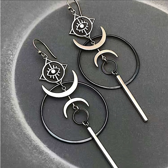 Silver Exaggerated Evil Eye Vintage Moon Punk Statement Geometric Earrings - Picture 3 of 9